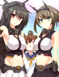 Rule 34 | 10s, 3girls, armpits, between breasts, black hair, breasts, brown eyes, brown hair, dress, gloves, green eyes, groin, hairband, head between breasts, headgear, highres, kantai collection, large breasts, looking at viewer, machinery, midriff, multiple girls, mutsu (kancolle), nagato (kancolle), navel, personification, sailor dress, smile, sorano (12gou), triangle mouth, yukikaze (kancolle)