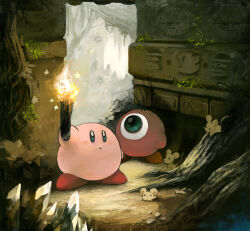 Rule 34 | animal, blue eyes, fire, holding, holding torch, kirby, kirby&#039;s dream land, kirby (series), looking ahead, looking up, minato (minat0), mouse (animal), nintendo, no humans, one-eyed, overgrown, ruins, star (symbol), torch, waddle doo