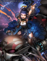 Rule 34 | 1girl, :d, armpits, blue hair, blue nails, blue skirt, blunt bangs, brown thighhighs, crescent moon symbol, detached sleeves, emperors saga, fingernails, heterochromia, highres, index finger raised, liduke, motor vehicle, motorcycle, nail polish, official art, open mouth, purple hair, riding, round teeth, science fiction, short hair, skirt, smile, solo, teeth, thighhighs, watermark, wide sleeves, wristband, yellow eyes