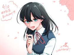 Rule 34 | 1girl, absurdres, black hair, blue eyes, buttons, collared shirt, commentary request, hair ornament, hairpin, highres, kashikaze, lonely girl ni sakaraenai, long hair, long sleeves, neck ribbon, official art, open mouth, petals, red ribbon, ribbon, sakurai ayaka (lonely girl ni sakaraenai), school uniform, shirt, signature, solo, sweater vest, upper body