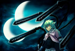 Rule 34 | 1boy, belt, collar, green hair, koinzell, long sleeves, looking at viewer, male focus, moon, night, outdoors, plant, pointy ears, red eyes, runes, scar, science fiction, shirt, solo, surreal, sword, ubel blatt, upper body, weapon, white shirt
