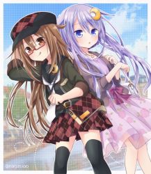 Rule 34 | 2girls, :o, :q, argyle, argyle clothes, argyle skirt, bag, black legwear, black serafuku, blue eyes, blush, brown eyes, brown hair, cloud, commission, crescent, crescent hair ornament, day, floral print, glasses, hair ornament, hat, heart, jacket, jewelry, kantai collection, long hair, mochizuki (kancolle), multiple girls, nagasioo, necklace, official alternate costume, outdoors, parted lips, purple hair, red-framed eyewear, rose print, sailor collar, school uniform, serafuku, short hair with long locks, skeb commission, skirt, sky, thighhighs, tongue, tongue out, twitter username, yayoi (kancolle)