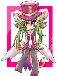 Rule 34 | 1girl, animal ears, blush stickers, breasts, green hair, hat, leotard, mad rat dead, mouse (animal), mouse ears, mouse girl, mouse tail, nippon ichi, pantyhose, rat god, red eyes, tail, tie clip, top hat, wings, wrist cuffs