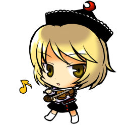Rule 34 | 1girl, blonde hair, chibi, female focus, hat, instrument, lunasa prismriver, musical note, open mouth, short hair, simple background, socha, solo, touhou, violin, yellow eyes