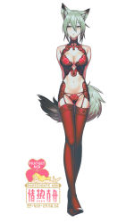 Rule 34 | 1girl, animal ears, arknights, arms behind back, bare arms, bare shoulders, breasts, choker, cleavage, female focus, garter belt, garter straps, high heels, highres, lingerie, navel, panties, projekt red (arknights), silver hair, solo, stomach, tail, thighhighs, underwear, white background, wolf ears, wolf tail, yan wan, yellow eyes