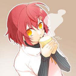 Rule 34 | 1boy, 2hands1cup, :o, black sweater, brown background, cowlick, cup, dutch angle, english text, gradient background, hair between eyes, hanasaki miyabi, highres, holding, holding cup, holostars, layered sleeves, long sleeves, looking at viewer, looking up, male focus, milk, orange eyes, outline, red hair, shirt, shixxxkia, short hair, short over long sleeves, short sleeves, simple background, sleeves past wrists, solo, steam, sweater, upper body, virtual youtuber, white outline, white shirt