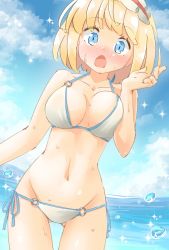 Rule 34 | 1girl, alice margatroid, arnest, bare arms, bare shoulders, bikini, blonde hair, blue eyes, blue sky, blush, breasts, cloud, collarbone, commentary request, cowboy shot, day, frilled hairband, frills, gluteal fold, groin, hairband, halterneck, hand up, large breasts, lolita hairband, looking at viewer, navel, nose blush, o-ring, o-ring bikini, open mouth, outdoors, red hairband, short hair, side-tie bikini bottom, sky, solo, sparkle, standing, stomach, string bikini, swimsuit, thighs, touhou, water drop, wet, white bikini