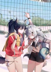 Rule 34 | 2girls, animal ears, arknights, beach, beach towel, beach volleyball, bikini, bikini shorts, black hair, blue sky, commentary request, earrings, english text, female focus, food, highres, inuko (redconstellation), jacket, jewelry, lappland (arknights), licking, multiple girls, popsicle, popsicle stick, see-through, see-through jacket, shorts, sky, swimsuit, tail, tankini, texas (arknights), towel, volleyball net, white hair, wolf ears, wolf girl, wolf tail