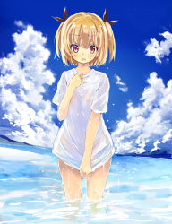 Rule 34 | 10s, 1girl, blush, cloud, day, hair ribbon, highres, iijima yun, kumakou, looking at viewer, new game!, ocean, open mouth, outdoors, red eyes, ribbon, shirt, shirt tug, sky, solo, standing, twintails, two side up, wading, water, wet, wet clothes, wet shirt