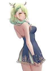 Rule 34 | antlers, aonikuro, armpit peek, bare arms, bare back, bare shoulders, blush, branch, breasts, ceres fauna, clothes pull, dress, earrings, highres, hololive, hololive english, horns, jewelry, leaf, looking at viewer, looking back, medium breasts, medium hair, mole, shoulder blades, skirt, skirt pull, standing, thighs, virtual youtuber, white background