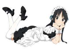 Rule 34 | 1girl, akiyama mio, alternate costume, alternate hairstyle, bad id, bad pixiv id, black eyes, black hair, blush, breasts, enmaided, face, hime cut, k-on!, long hair, looking at viewer, lying, maid, maid headdress, official style, on stomach, puffy sleeves, ragho no erika, simple background, smile, solo, thighhighs