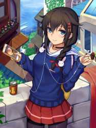 Rule 34 | 10s, 1girl, absurdres, ahoge, alternate costume, black pantyhose, blue eyes, blue sweater, blurry, braid, brown hair, building, can, casual, cellphone, collarbone, cowboy shot, day, depth of field, fubuki (kancolle), hair between eyes, hair flaps, hair ornament, hair over shoulder, hair ribbon, has bad revision, headphones, highres, hood, hooded jacket, jacket, kantai collection, light smile, long hair, looking at viewer, md5 mismatch, miniskirt, ocean, outdoors, pantyhose, perspective, phone, pleated skirt, rabbit, red skirt, remodel (kantai collection), resolution mismatch, ribbon, shigure (kancolle), sidelocks, single braid, skirt, smartphone, smile, solo, sonikey0 0, source smaller, stone wall, sweater, wall, water