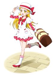 Rule 34 | 1girl, :d, absurdres, bag, blonde hair, boots, bow, cosplay request, dress, frilled boots, frills, hat, hat bow, high heel boots, high heels, highres, holding, holding bag, kasugano urara (yes! precure 5), leg up, long hair, looking at viewer, miniskirt, nita (onakatohoppe), open mouth, precure, red bow, red skirt, running, short sleeves, simple background, skirt, smile, solo, straight hair, twitter username, very long hair, white background, white dress, white hat, yellow eyes, yes! precure 5, yes! precure 5 gogo!