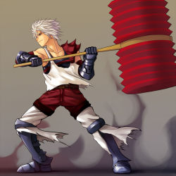 Rule 34 | 1boy, armor, full body, gradient background, hammer, male focus, original, toy hammer, shikaku, solo