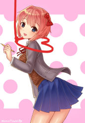 Rule 34 | 1girl, :d, artist name, blazer, blue skirt, blush, bow, brown hair, collared shirt, cowboy shot, doki doki literature club, grey jacket, hair bow, hand up, heart, holding, holding pencil, jacket, leaning forward, long sleeves, looking at viewer, monotsuki, neck ribbon, noose, open mouth, pencil, pink background, pink hair, pleated skirt, polka dot, polka dot background, red bow, red ribbon, ribbon, sayori (doki doki literature club), school uniform, shirt, short hair, signature, simple background, skirt, smile, solo, spoilers, vest, white shirt, wing collar