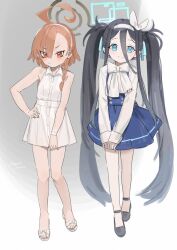 2girls ahoge alternate_costume aris_(blue_archive) asymmetrical_bangs belt black_hair blue_archive blue_eyes blue_ribbon blue_skirt blush bow bowtie bracelet braid brown_hair closed_mouth collared_dress commentary dress dress_tug frown full_body glaring grey_background hair_between_eyes hair_ribbon hairband halo high_heels highres jewelry long_hair long_sleeves looking_at_viewer multiple_girls nemo_(leafnight) neru_(blue_archive) no_socks red_eyes ribbon sandals shirt shirt_tucked_in short_dress side-by-side side_braid simple_background skirt sleeveless sleeveless_dress smile standing suspender_skirt suspenders symbol-only_commentary twintails v-shaped_eyebrows v_arms very_long_hair white_belt white_bow white_bowtie white_hairband white_ribbon white_shirt