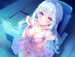 Rule 34 | 1girl, :&lt;, absurdres, babydoll, blue hair, blush, breasts, chair, cleavage, clenched hands, closed mouth, collarbone, highres, holographic interface, itsuki jun, legs together, lingerie, looking at viewer, medium breasts, navel, nipples, non-web source, original, panties, purple eyes, see-through, see-through babydoll, sidelocks, standing, striped clothes, striped panties, underwear, wavy hair, white babydoll, white panties