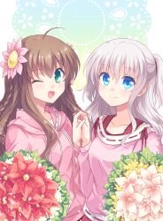 Rule 34 | 2girls, :d, ahoge, blue eyes, blush, bouquet, braid, brown hair, casual, charlotte (anime), clip studio paint (medium), closed mouth, collarbone, commentary request, company connection, crossover, eyelashes, flower, frilled hood, frills, green eyes, hair flower, hair ornament, half updo, hand up, happy, holding hands, hood, hood down, hoodie, kanbe kotori, key (company), kousetsu, lily (flower), long hair, long sleeves, looking at viewer, multiple girls, open mouth, pink flower, pink hoodie, pink shirt, red ribbon, rewrite, ribbon, shirt, short ponytail, side-by-side, sidelocks, simple background, smile, tomori nao, twin braids, upturned eyes, very long hair, wavy hair, white background, white hair, white lily, yuri
