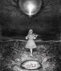 Rule 34 | 1girl, 2others, absurdres, dress, eldritch abomination, closed eyes, flower, full body, greyscale, hairband, highres, instrument, marvin (omarvin), monochrome, multiple others, music, ocean, original, playing instrument, sandals, skeleton, skull, sky, violin