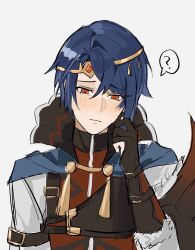 Rule 34 | 1boy, ?, alcryst (fire emblem), armor, blue hair, blush, cape, circlet, closed mouth, fire emblem, fire emblem engage, gloves, hair between eyes, high collar, highres, long sleeves, muneate, nintendo, red eyes, solo, white background, wogesb