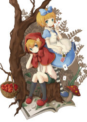 Rule 34 | 1boy, 1girl, alice (alice in wonderland), alice in wonderland, alternate costume, apple, aqua eyes, basket, blonde hair, book, bow, bowtie, brother and sister, card, cosplay, family, food, fruit, hair bow, hand on own cheek, hand on own face, hood, kagamine len, kagamine rin, little red riding hood, little red riding hood (grimm), mushroom, red footwear, shoes, shorts, siblings, sitting, skirt, smile, socks, striped, tree, tree stump, twins, vocaloid