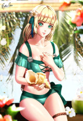 Rule 34 | 1girl, bare shoulders, bikini, blonde hair, blunt bangs, collarbone, commentary, cowboy shot, esther shen, fire emblem, fire emblem: three houses, fire emblem heroes, flower, green bikini, green eyes, green ribbon, hair flower, hair ornament, hair ribbon, ingrid brandl galatea, long hair, looking at viewer, nintendo, off-shoulder bikini, off shoulder, official alternate costume, pink lips, revision, ribbon, sitting, solo, stomach, swimsuit, thigh strap, thighs, very long hair, white flower
