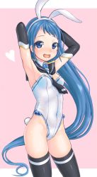 Rule 34 | 1girl, :d, animal ear hairband, animal ears, armpits, arms up, black neckerchief, black thighhighs, blue eyes, blue hair, breasts, cleavage, commentary request, covered navel, detached sleeves, disembodied head, elbow gloves, fake animal ears, fake tail, gloves, heart, highleg, highleg leotard, kantai collection, kurogane daichi, leotard, long hair, long sleeves, looking at viewer, neckerchief, open mouth, outside border, pink background, playboy bunny, rabbit ear hairband, rabbit ears, rabbit tail, samidare (kancolle), simple background, skin tight, smile, solo, strapless, strapless leotard, tail, tareme, thighhighs, very long hair, white leotard, wing collar