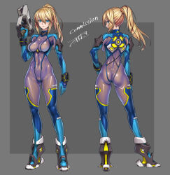 Rule 34 | 1girl, adapted costume, ass, blonde hair, blue eyes, bodysuit, breasts, butt crack, commission, covered navel, from behind, grey background, gun, handgun, heel-less heels, high heels, highres, holding, holding gun, holding weapon, impossible bodysuit, impossible clothes, long hair, looking at viewer, looking back, medium breasts, metroid, mole, mole under mouth, multiple views, nintendo, ponytail, samus aran, shiny clothes, skeb commission, skin tight, takada kazuhiro, weapon, zero suit