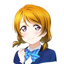 Rule 34 | 1girl, alternate hairstyle, anibache, blonde hair, blue bow, blue bowtie, blue jacket, bow, bowtie, closed mouth, collared shirt, dress shirt, jacket, koizumi hanayo, looking at viewer, love live!, love live! school idol project, low twintails, portrait, purple eyes, school uniform, shirt, short hair, simple background, smile, solo, striped bow, striped bowtie, striped clothes, striped neckwear, swept bangs, twintails, white background, white shirt, wing collar