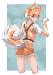 Rule 34 | 1girl, absurdres, animal ears, brown gloves, brown shorts, brown vest, commentary request, cowboy shot, dog (shiba inu) (kemono friends), dog ears, dog girl, dog tail, elbow gloves, extra ears, from behind, fur trim, gloves, harness, highres, kemono friends, light brown hair, looking at viewer, looking back, multicolored hair, paw pose, red eyes, shirt, short hair, short shorts, short sleeves, shorts, solo, t-shirt, tail, tanabe (fueisei), two-tone gloves, two-tone hair, vest, white fur, white gloves, white hair, white shirt