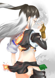 Rule 34 | 10s, 1girl, abyssal ship, aircraft carrier oni, armor, armored boots, bad id, bad pixiv id, boots, brown hair, burning, burnt clothes, dress, eyebrows, from behind, gloves, hand over face, kaga (kancolle), kantai collection, long hair, midriff, miniskirt, multicolored hair, pinta (ayashii bochi), red eyes, sailor dress, side ponytail, skirt, smoke, solo, transformation, two-tone hair, white hair