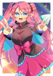 Rule 34 | + +, 1girl, :d, black jacket, blue eyes, blue wings, bow, breasts, commentary request, commission, double v, fairy wings, frilled skirt, frills, glasses, jacket, kou hiyoyo, large breasts, long hair, long sleeves, looking at viewer, open mouth, original, pink bow, pink hair, pink skirt, pleated skirt, pointy ears, round eyewear, skeb commission, skirt, smile, solo, swept bangs, two side up, v, v-shaped eyebrows, very long hair, wings
