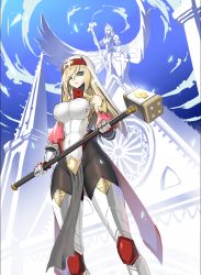 Rule 34 | 1girl, bare shoulders, blonde hair, blue eyes, breasts, covered erect nipples, cross, eyes visible through hair, feet out of frame, gauntlets, habit, hair between eyes, hammer, highres, hk33, holding, holding hammer, holding weapon, large breasts, leg armor, leotard, long hair, looking at viewer, nun, original, outdoors, solo, weapon