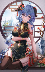 Rule 34 | 1girl, absurdres, ahoge, alternate costume, arm under breasts, bell, bird, black dress, blue hair, blush, breasts, brown thighhighs, china dress, chinese clothes, cleavage, cleavage cutout, clothing cutout, commentary, covered navel, day, dress, floral print, flower, flower knot, ganyu (genshin impact), garter straps, genshin impact, gold trim, hair between eyes, hair flower, hair ornament, has bad revision, has downscaled revision, highres, horn ornament, horns, indoors, large breasts, long hair, looking at viewer, md5 mismatch, navel, navel cutout, neck bell, parted lips, plant, potted plant, print dress, purple eyes, qingxin flower, red flower, resolution mismatch, sidelocks, sitting, skindentation, smile, solo, source smaller, tassel, thighhighs, vase, very long hair, vision (genshin impact), window, wol (wol 927)