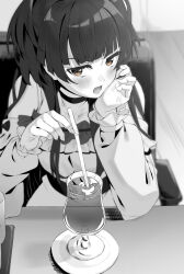 Rule 34 | 1girl, absurdres, blunt bangs, blush, brown eyes, choker, cup, drink, drinking glass, drinking straw, frilled shirt, frills, greyscale, head rest, highres, idolmaster, idolmaster shiny colors, joker (tomakin524), long hair, long sleeves, looking at viewer, mayuzumi fuyuko, monochrome, off-shoulder shirt, off shoulder, open mouth, shirt, sitting, solo, spot color, table, two side up