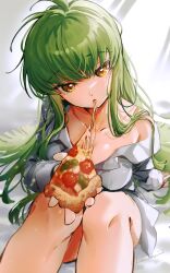 Rule 34 | 1girl, absurdres, bare shoulders, breasts, c.c., cleavage, code geass, collarbone, food, green hair, highres, holding, holding food, holding pizza, long bangs, long hair, looking at viewer, medium breasts, off shoulder, open clothes, open mouth, open shirt, pizza, shirt, simple background, solo, syukonbu, thighs, watermark, yellow eyes