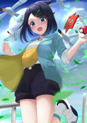 Rule 34 | 1girl, a10 (avxv8374), absurdres, black shorts, blurry, cloud, commentary request, creatures (company), day, falling leaves, fence, game freak, gen 3 pokemon, gen 4 pokemon, green jacket, highres, holding, holding poke ball, jacket, leaf, leg up, liko (pokemon), looking down, nintendo, open clothes, open jacket, outdoors, poke ball, pokemon, pokemon (anime), pokemon (creature), pokemon horizons, rotom, rotom phone, shirt, shoes, shorts, sky, sleeves past elbows, socks, white footwear, white shirt, white socks, wingull, yellow bag