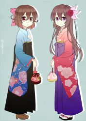 Rule 34 | 2girls, alternate costume, blue background, bow, brown hair, commentary request, floral print, flower, full body, hair bow, hair flower, hair ornament, hakama, hakama skirt, japanese clothes, kantai collection, kimono, kisaragi (kancolle), long hair, long sleeves, looking at viewer, multiple girls, mutsuki (kancolle), nagasioo, parted lips, purple eyes, red eyes, sandals, short hair, simple background, skirt, smile, tabi, twitter username, wide sleeves, zouri