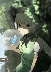 Rule 34 | 1girl, absurdres, black bow, black bowtie, black hairband, blue eyes, blue sky, blurry, blurry foreground, blush, bob cut, bow, bowtie, collared shirt, commentary request, day, food, forest, green skirt, green vest, hair ribbon, hairband, highres, holding, holding food, konpaku youmu, konpaku youmu (ghost), looking at viewer, mittu mittu33, nature, open mouth, outdoors, popsicle, ribbon, shade, shirt, short hair, silver hair, skirt, sky, solo, torii, touhou, tree, upper body, vest, white shirt