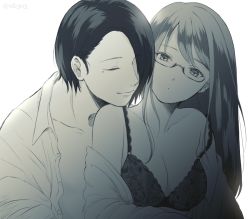 Rule 34 | 10s, 1boy, 1girl, artist name, bare shoulders, black hair, bra, breasts, closed eyes, closed mouth, collarbone, glasses, greyscale, hair between eyes, hair over one eye, head on another&#039;s shoulder, hug, kamishiro rize, large breasts, long hair, mole, mole under eye, monochrome, nabe-box, parted bangs, shadow, shirt, short hair, simple background, smile, tokyo ghoul, tokyo ghoul:re, underwear, washuu-furuta souta (tokyo ghoul), white background, white shirt