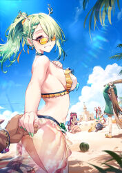 Rule 34 | 5girls, absurdres, adarin, alternate hairstyle, animal ears, antlers, bare shoulders, baseball bat, beach, bikini, blue hair, blue sky, bracelet, breasts, brown hair, ceres fauna, choker, cleavage, dark-skinned female, dark skin, earrings, food, frilled bikini, frills, fruit, green hair, green nails, hair over one eye, hakos baelz, highres, holding hands, holocouncil, hololive, hololive english, horns, irys (hololive), jewelry, large breasts, long hair, looking at viewer, looking back, mole, mole under eye, mouse ears, mouse girl, multiple girls, nanashi mumei, ouro kronii, pointy ears, ponytail, pov, red hair, sand castle, sand sculpture, sideboob, sky, smile, sunglasses, swimsuit, tsukumo sana, twintails, virtual youtuber, watermelon, yellow eyes