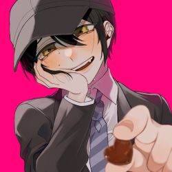 Rule 34 | 1boy, black hair, black hat, black jacket, blush, brown eyes, candy, chocolate, chocolate heart, collared shirt, commentary request, danganronpa (series), danganronpa v3: killing harmony, fangs, food, hair between eyes, hand on own cheek, hand on own face, hat, heart, highres, jacket, long sleeves, looking at viewer, male focus, necktie, niwatori panda, official alternate costume, open mouth, pink background, saihara shuichi, shirt, simple background, smile, solo, striped necktie, striped neckwear, sweat, teeth, upper body, white shirt