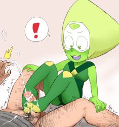 Rule 34 | !, 1boy, 1girl, alien, blush, censored, colored skin, cum, doyagao, footjob, forehead jewel, gnome-no, green hair, green skin, hetero, interspecies, penis, peridot (steven universe), simple background, size difference, smile, smug, solo focus, spoken exclamation mark, steven universe, sweat, visor, wince