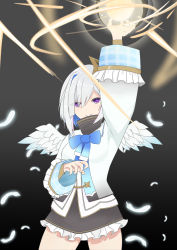 Rule 34 | absurdres, amane kanata, angel, angel wings, arm up, black background, blue bow, blue bowtie, bob cut, bow, bowtie, colored inner hair, commentary request, cowboy shot, feathers, halo, highres, hololive, looking at viewer, magic, multicolored hair, purple eyes, school uniform, short hair, silver hair, simple background, single hair intake, solo, star halo, virtual youtuber, wings