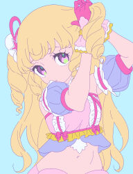 Rule 34 | 1girl, adjusting hair, arms up, blonde hair, blue background, crop top, detached sleeves, gloves, highres, holding, holding own hair, idol clothes, idol time pripara, long hair, looking at viewer, navel, parted lips, pink gloves, pretty series, pripara, puffy detached sleeves, puffy sleeves, purple eyes, ringlets, simple background, solo, two side up, upper body, yumekawa yui, zashima