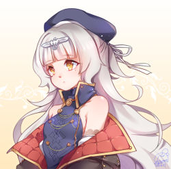Rule 34 | 1girl, azur lane, beret, closed mouth, commentary request, gradient background, grey hair, hair ornament, hat, long hair, looking away, mole, mole under eye, photoshop (medium), sharmi, signature, solo, upper body, yellow background, yellow eyes, z46 (azur lane)