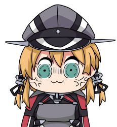 Rule 34 | 10s, 1girl, anchor hair ornament, anger vein, aqua eyes, bkub (style), black ribbon, blonde hair, chibi, cross, crossover, hair ornament, hat, iron cross, kantai collection, low twintails, military, military hat, military uniform, peaked cap, poptepipic, prinz eugen (kancolle), ribbon, solo, twintails, uniform, yuuki shishin