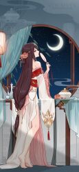 Rule 34 | 1girl, chinese clothes, crescent, crescent moon, flower, hair flower, hair ornament, hand fan, highres, holding, holding fan, honkai (series), honkai impact 3rd, indoors, long hair, looking at viewer, low-tied long hair, moon, official art, official wallpaper, sky, standing, very long hair, window
