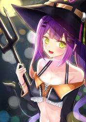Rule 34 | 1girl, bare shoulders, breasts, cleavage, green eyes, halloween, highres, hololive, looking at viewer, medium breasts, open mouth, purple hair, solo, suzuka (suzukawu), tokoyami towa, twintails, virtual youtuber
