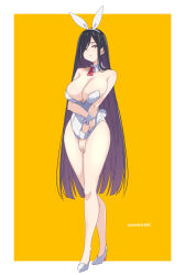 Rule 34 | 1girl, animal ears, artist name, bare legs, bare shoulders, black hair, breasts, commentary request, copyright request, detached collar, fake animal ears, fake tail, full body, highres, kichihachi, large breasts, legs, leotard, looking at viewer, mole, mole on breast, necktie, orange background, original, playboy bunny, rabbit ears, rabbit tail, red necktie, shoes, solo, standing, tail, thighs, two-tone background, white background, white footwear, white leotard, yellow eyes